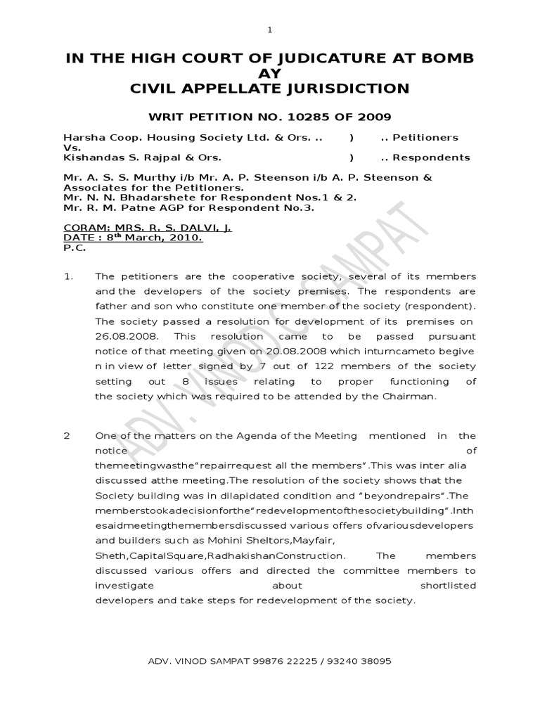 Bombay High Court Judgment On REDEVELOPMENT 543 Harsha CoOp. Housing