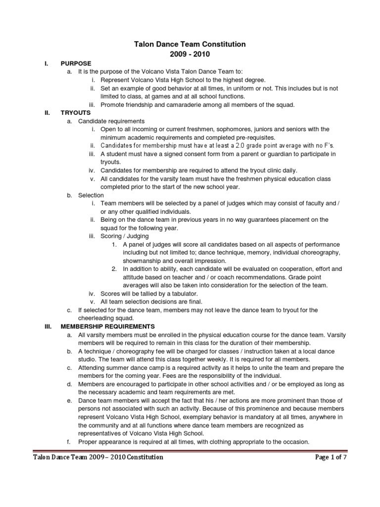 Talon Dance Team Constitution 09-10 | PDF | Cheerleading | Dances