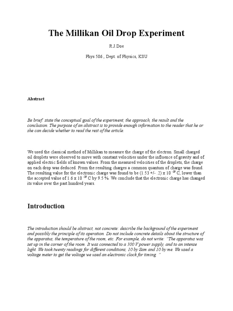 The Millikan Oil Drop Experiment PDF Electric Charge Applied And