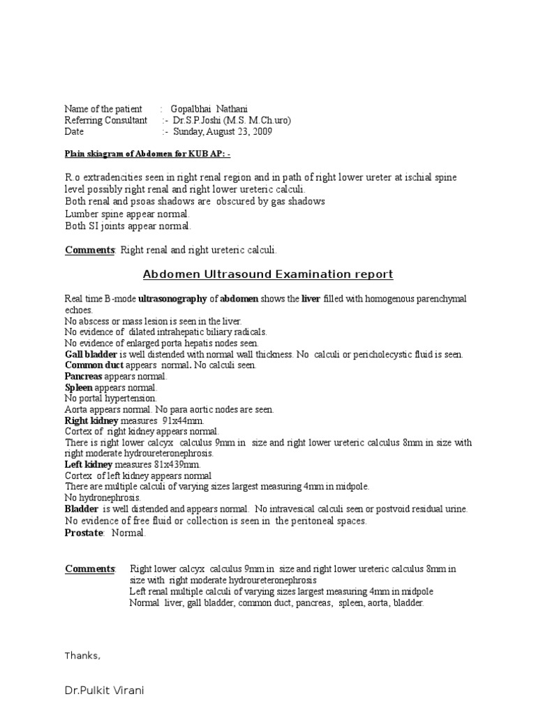 Comments: Right Renal and Right Ureteric Calculi. Abdomen Ultrasound ...