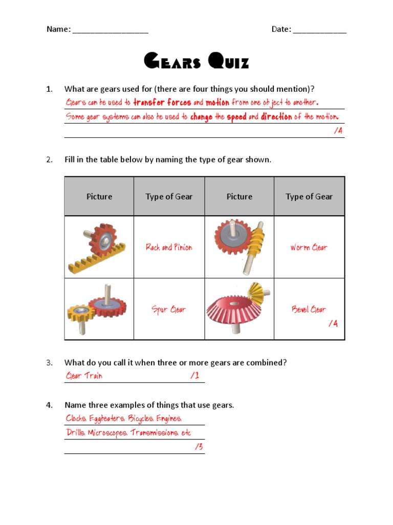 4 Science Pulleys Gears Gear Quiz Answers Gear Kinematics