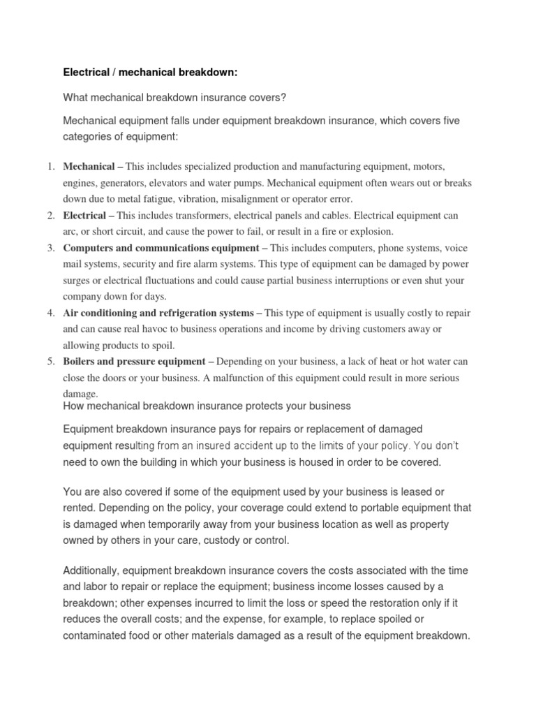 Electrical Mechanical Breakdown Insurance Industries