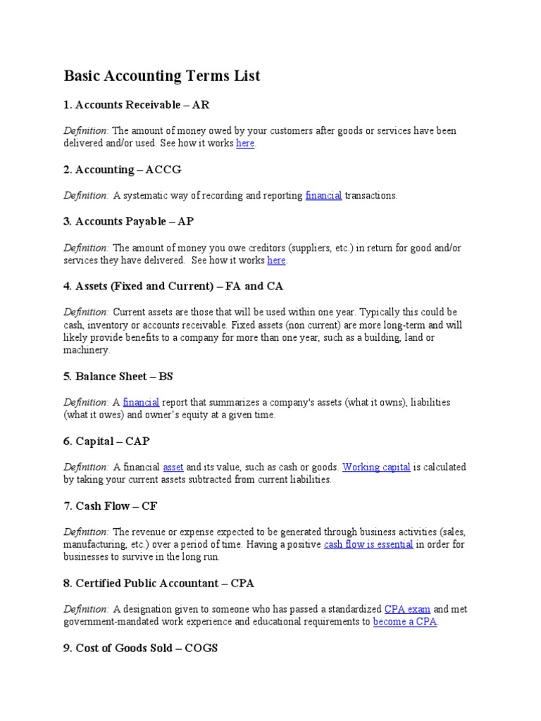 Basic Accounting Terms List | PDF | Debits And Credits | Financial ...