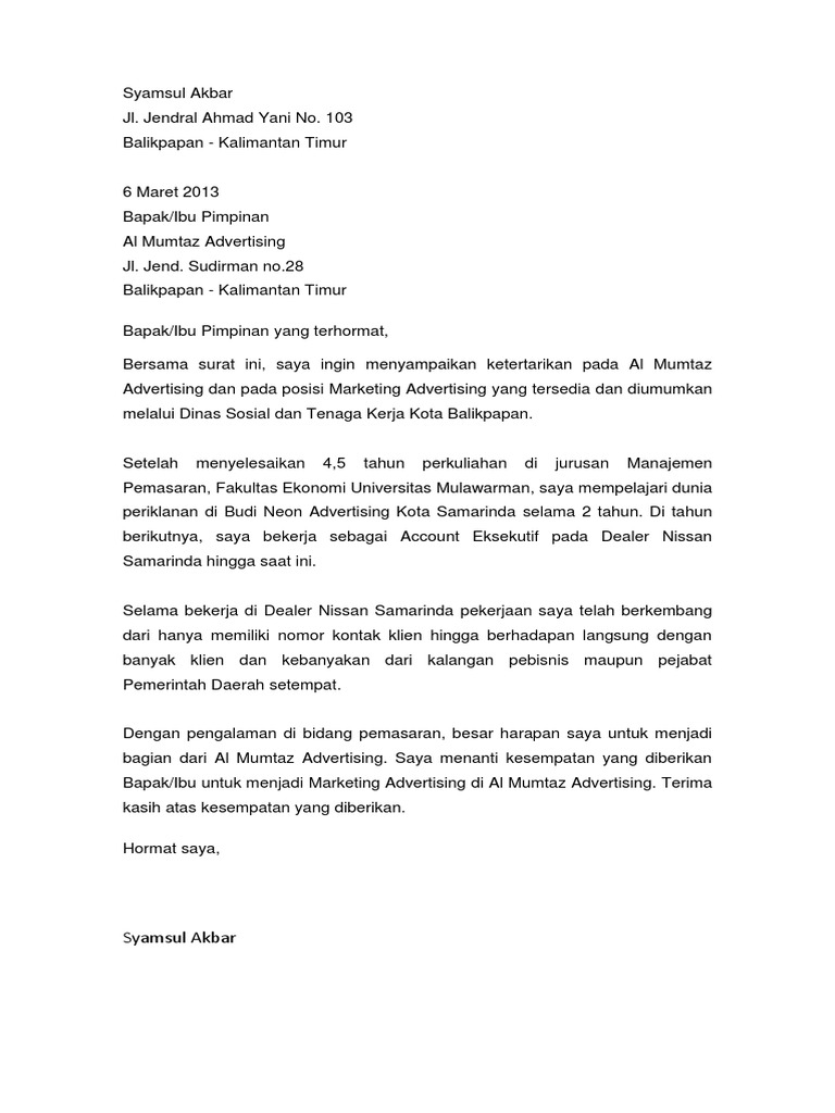 Contoh Surat Lamaran Kerja Di Dealer Motor Berbagi Lamaran