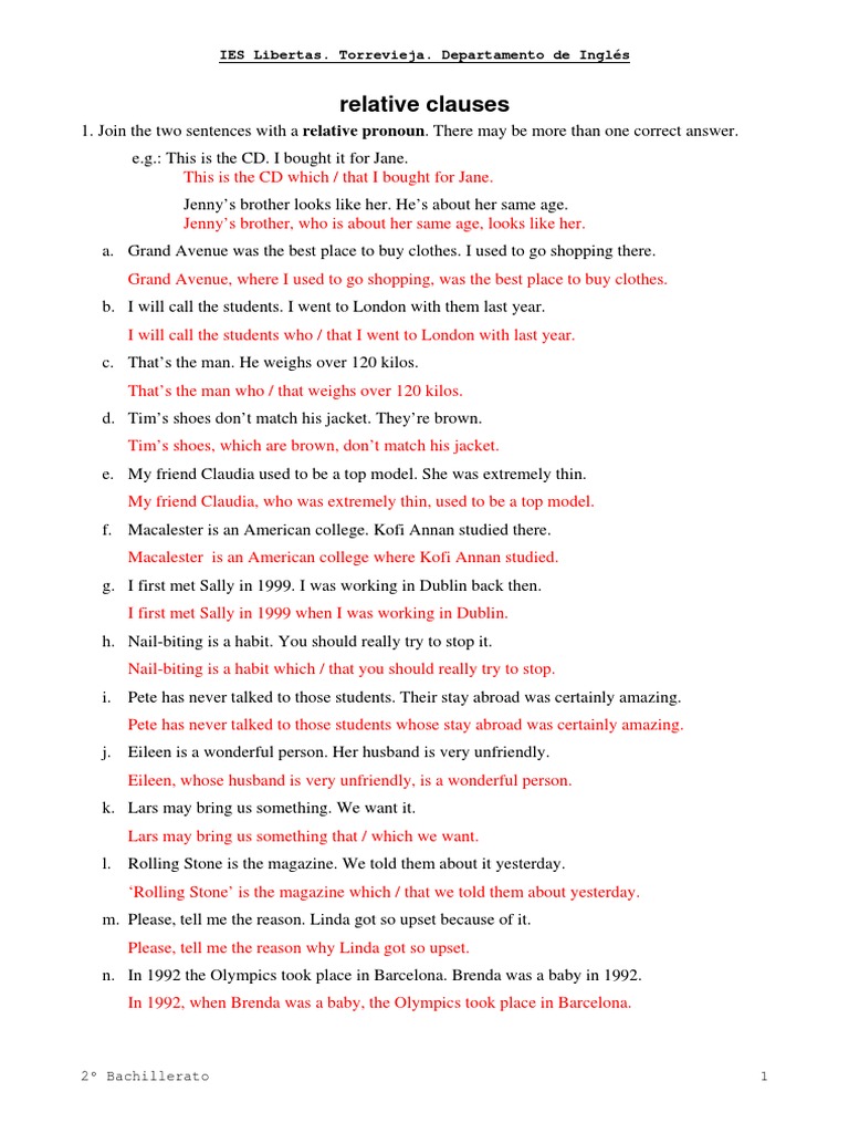 Relative Clauses Practice Exercises | PDF | Linguistic Typology ...