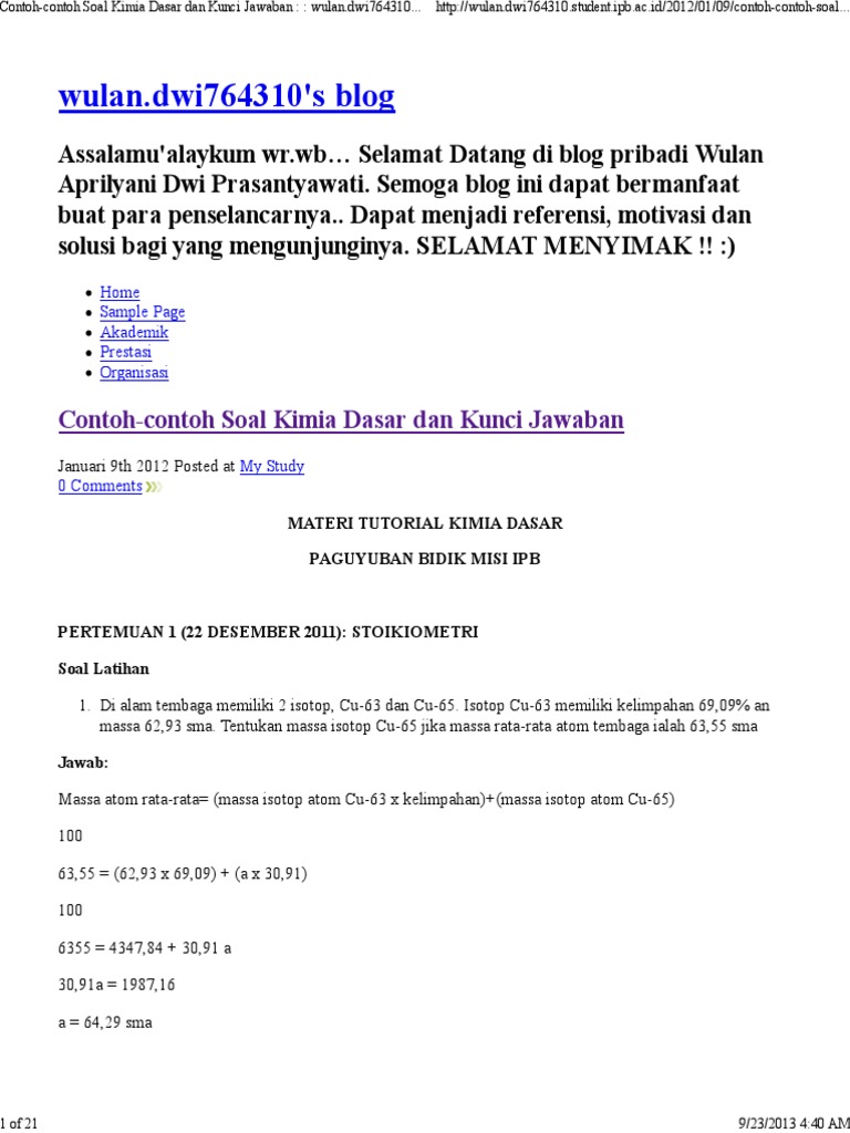 ContohContoh Soal Kimia Dasar Dan Kunci Jawaban Wulan