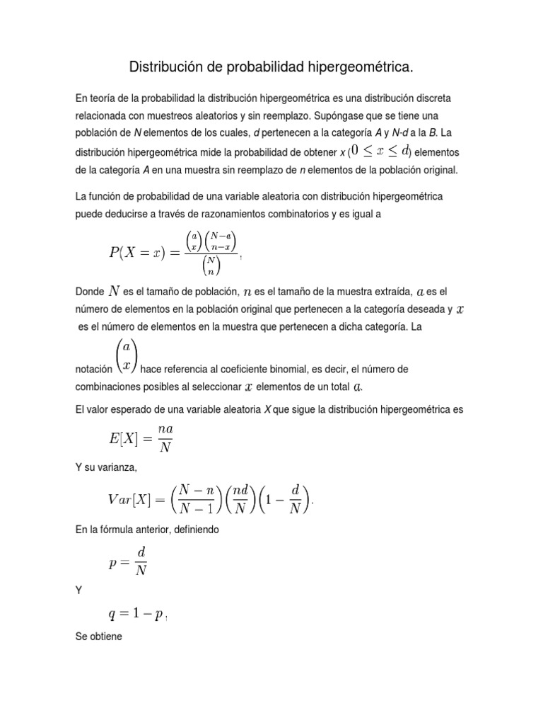 Distribución de Probabilidad Hipergeométrica | PDF | Distribución de ...