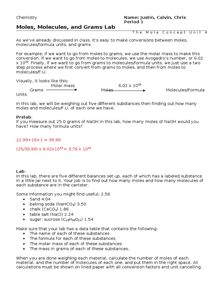 Worksheets Moles Molecules And Grams Worksheet u4 lab 1 moles molecules and grams mole unit molecules