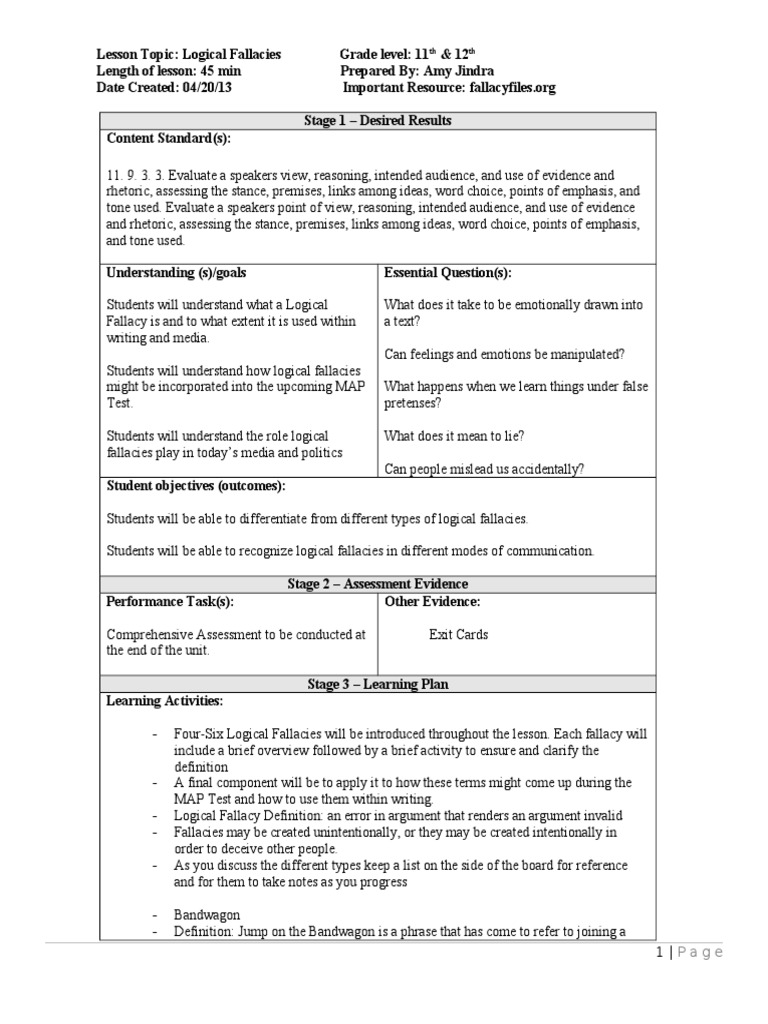 Logical Fallacies Lesson Plan PDF Fallacy Argument