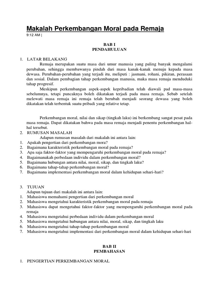 Makalah Perkembangan Moral Pada Remaja Pdf