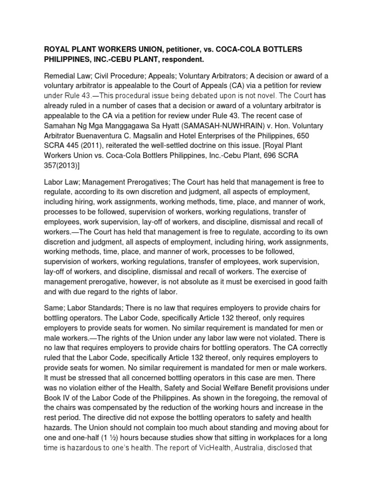 Royal Plant Workers Union Vs Coca-Cola Bottlers | PDF | Employment ...