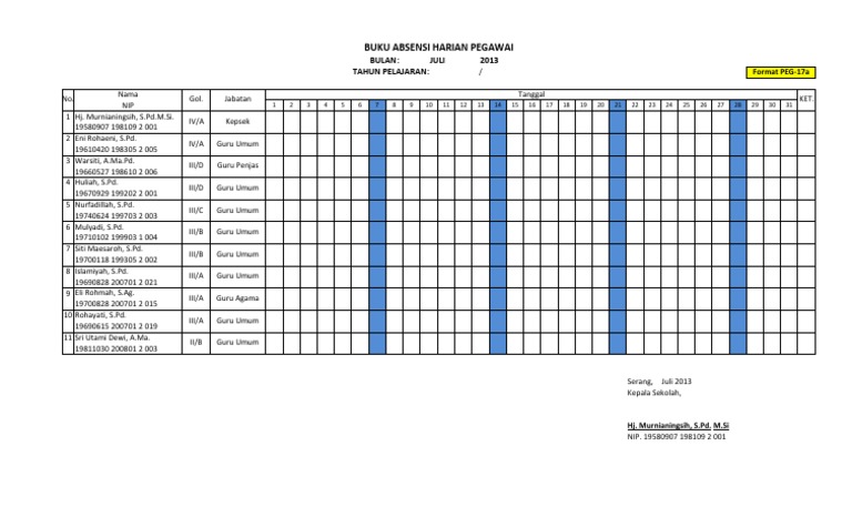 Format Peg 17a Buku Absensi Harian Pegawai