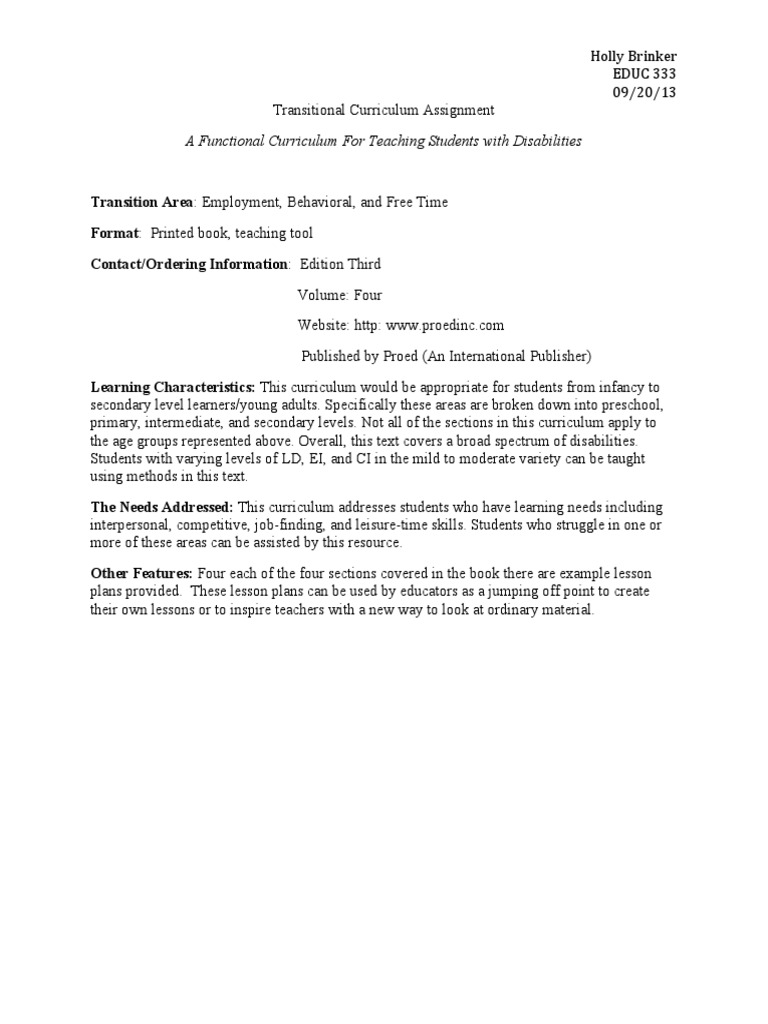 Functional Curriculum for Special Needs | PDF