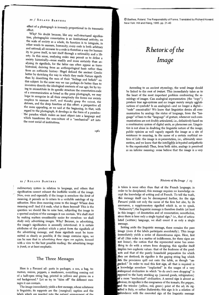 Roland Barthes-Rhetoric of The Image | PDF