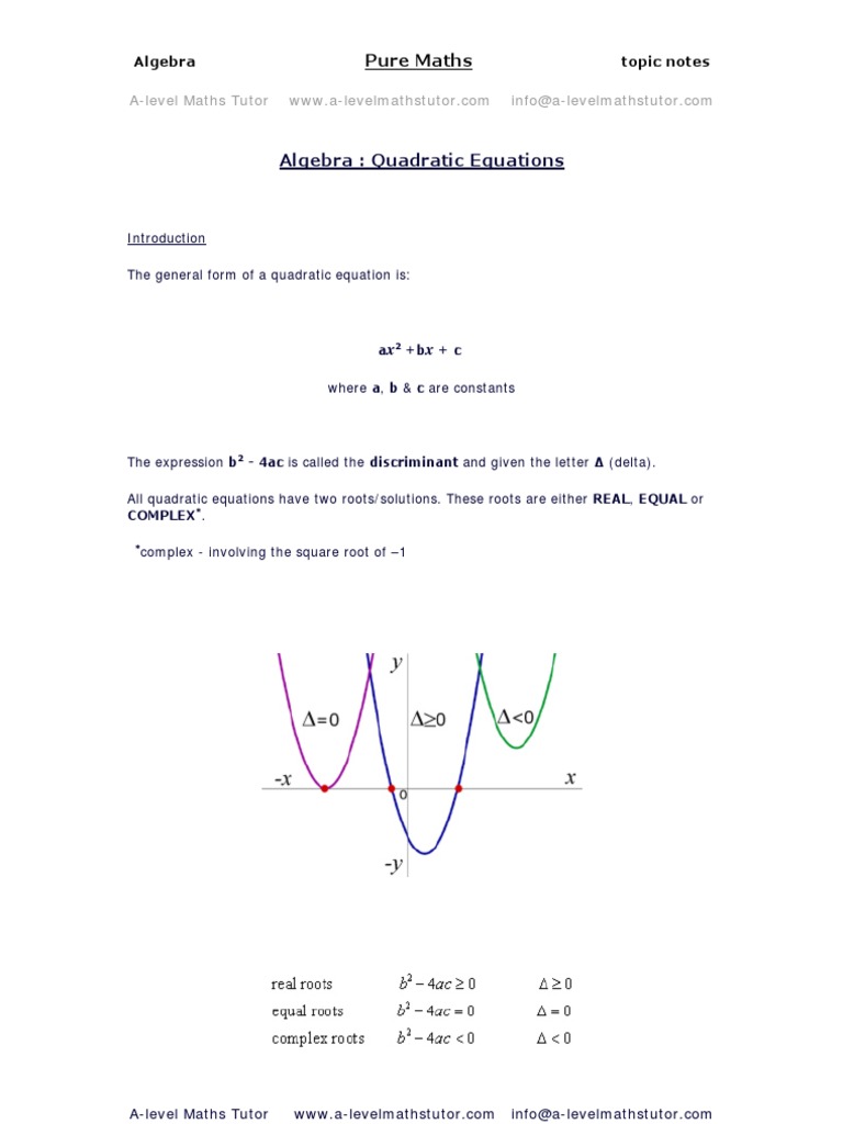 Quadratic Equations,revision notes from A-level Maths Tutor | Quadratic