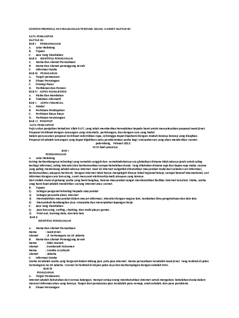 Contoh Proposal Kewirausahaan Tentang Usaha Warnet Daftar Isi