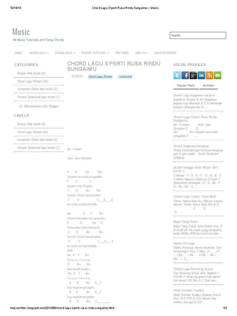 Chord Lagu S Perti Rusa Rindu Sungaimu Music