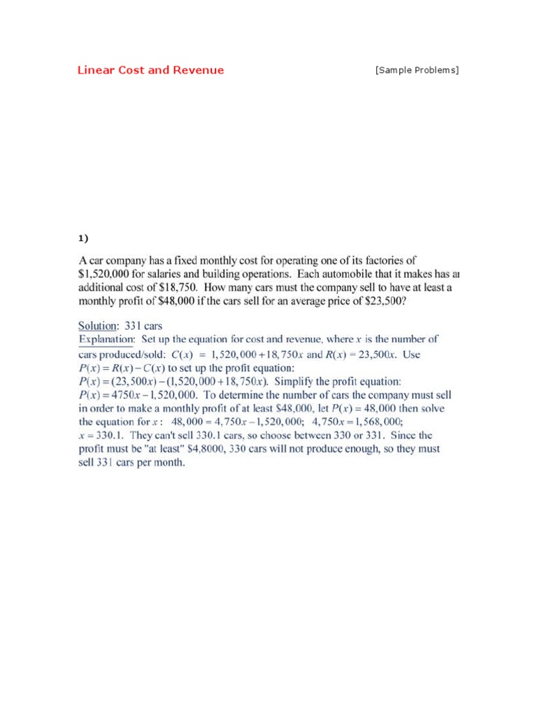 Linear Cost and Revenue: (Sample Problems) | PDF | Teaching Mathematics ...