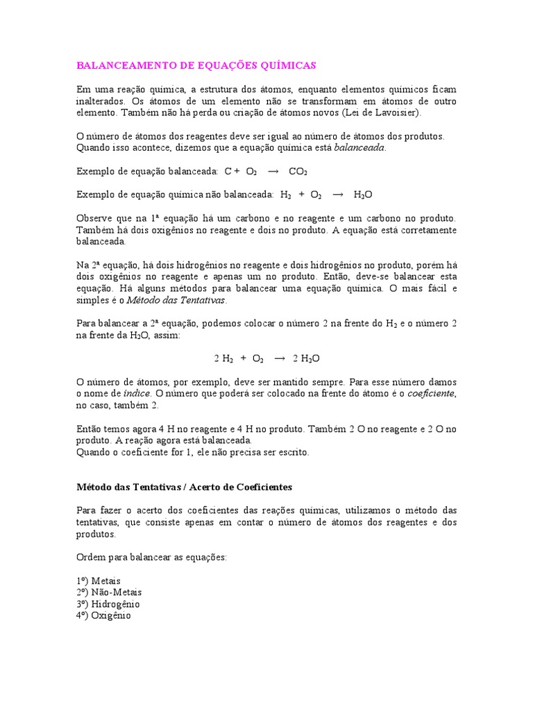 EXERCÍCIOS e ROTEIRO - BALANCEAMENTO DE EQUAÇÕES QUÍMICAS | PDF