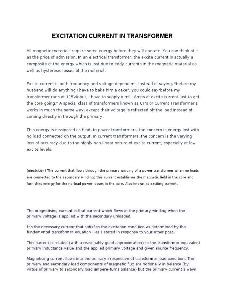 Excitation Current in Transformers PDF Transformer Physical