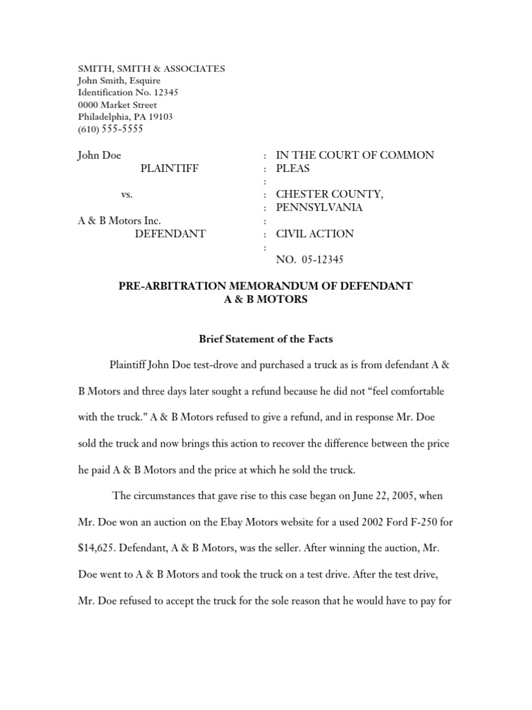 Arbitration Memorandum Sample  Implied Warranty  Truck