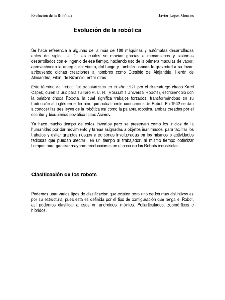 Evolución y Clasificación de Robots | PDF | Robótica | Robot
