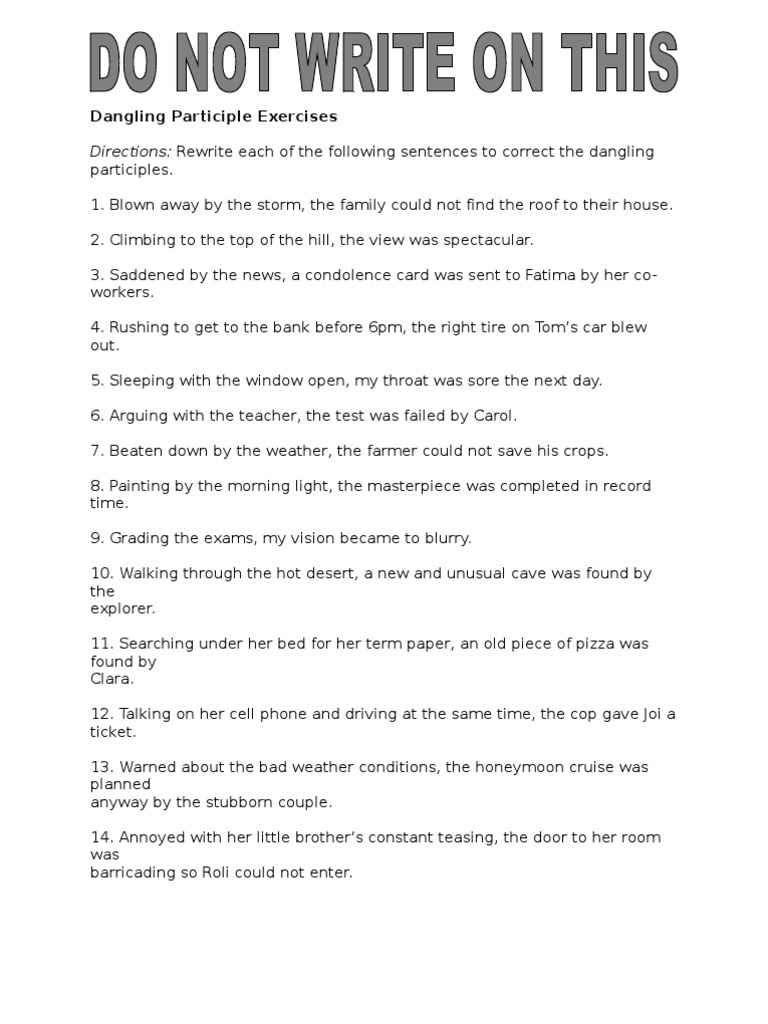 DANGLING PARTICIPLES PRACTICE