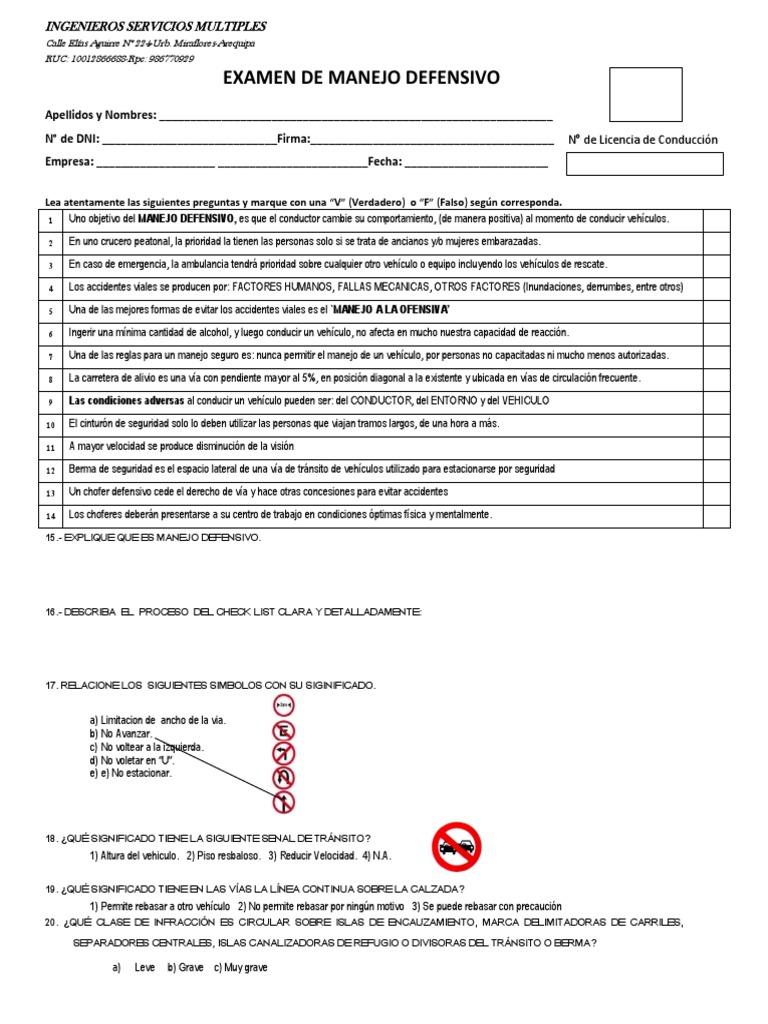 Examen Del Curso Manejo Defensivo Licencia de conducir Calle