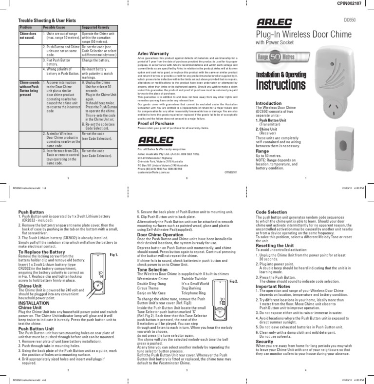 ARLEC PlugIn Wireless Door Chime DC650 PDF Battery (Electricity