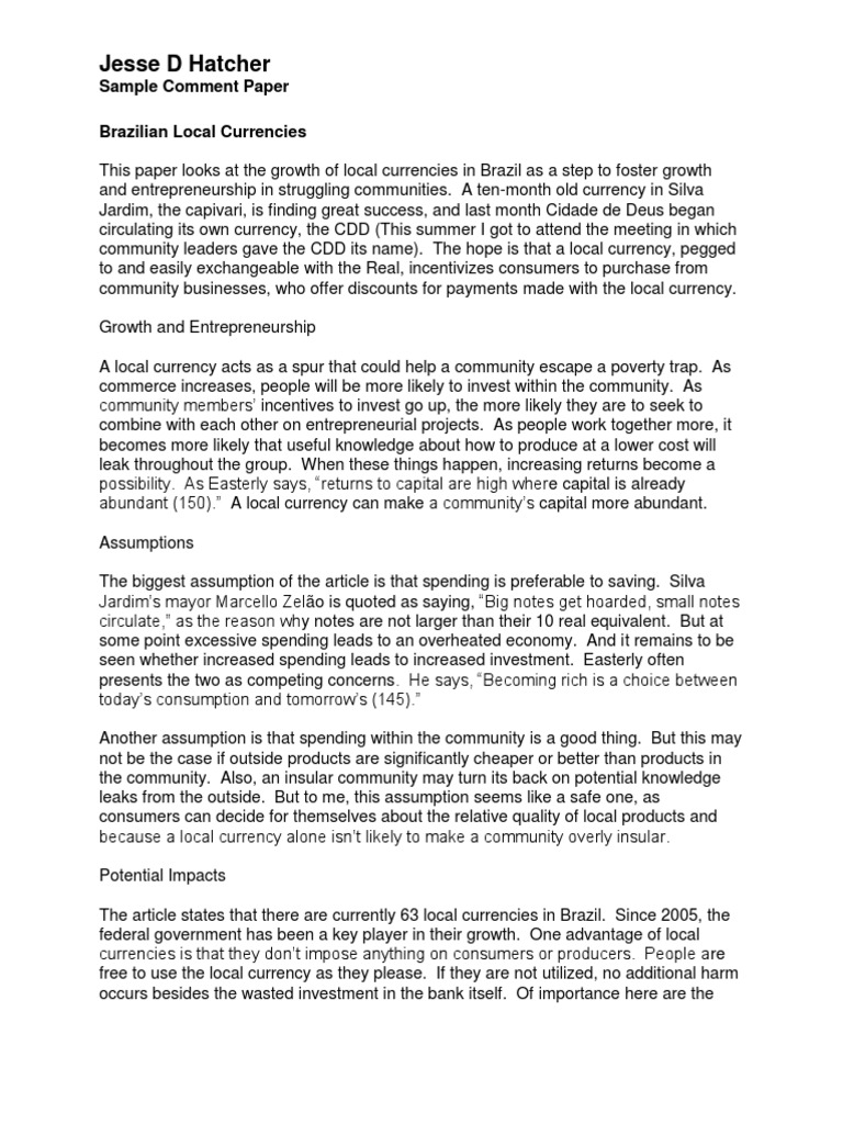 Compadre J Sample Comment Paper | PDF | Local Currency | Entrepreneurship