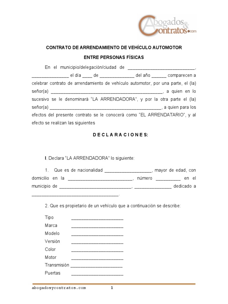Contrato Arrendamiento Vehiculo Entre 2 Personas Fisicas