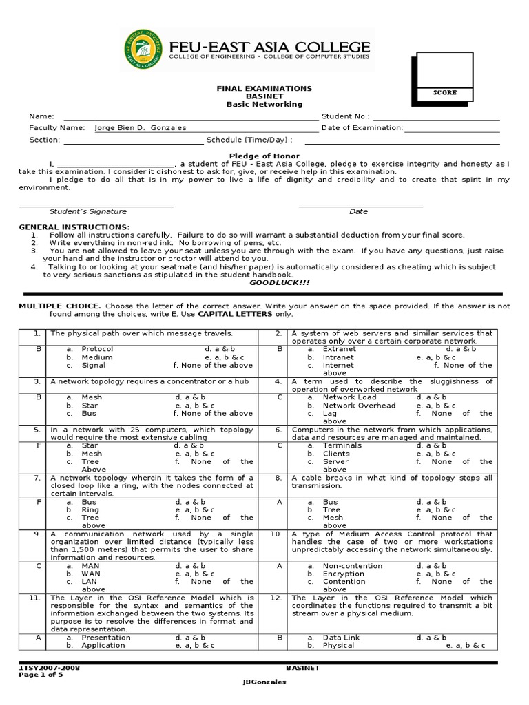 Basic Networking Final Exam Guide | PDF | Telecommunications | Computer ...