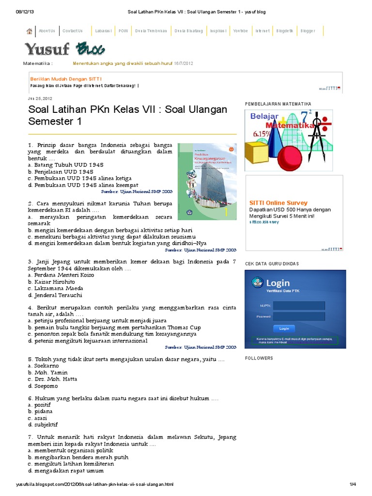Soal Latihan Pkn Kelas Vii Soal Ulangan Semester 1 Yusuf Blog