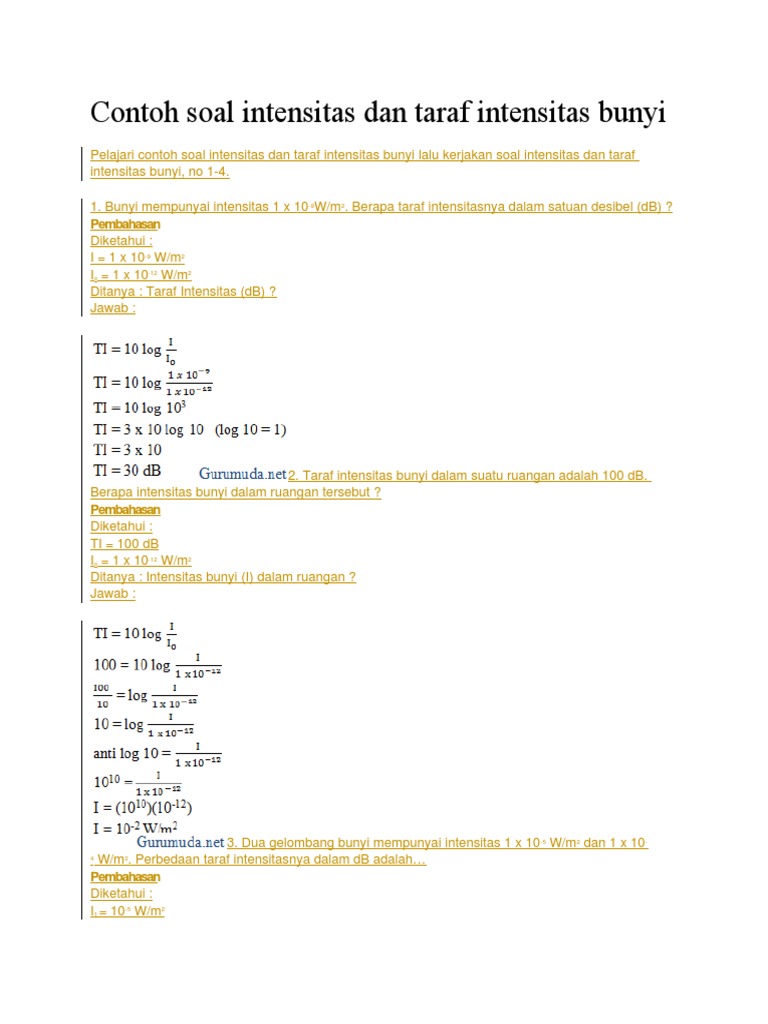 Contoh Soal Intensitas Dan Taraf Insoaltensitas Bunyi PDF