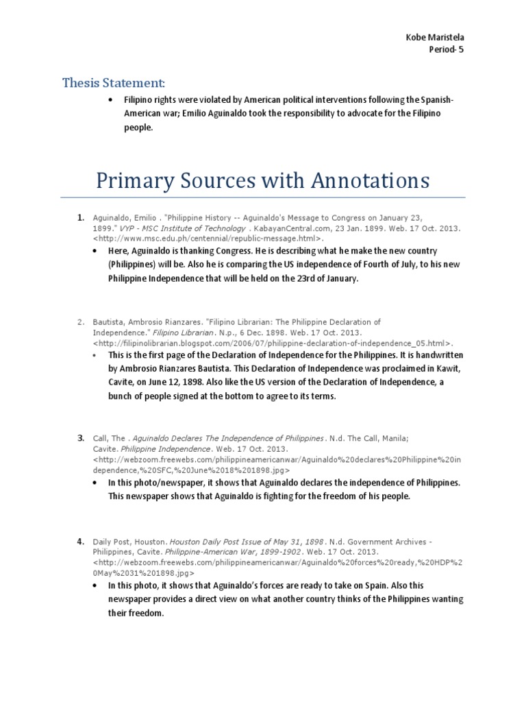 Primary Sources with Secondary Sources and Thesis Statement | Philippines | Unrest