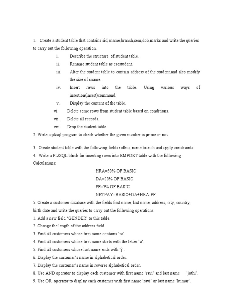 DBMS Lab Univ Questions PDF Table (Database) Databases