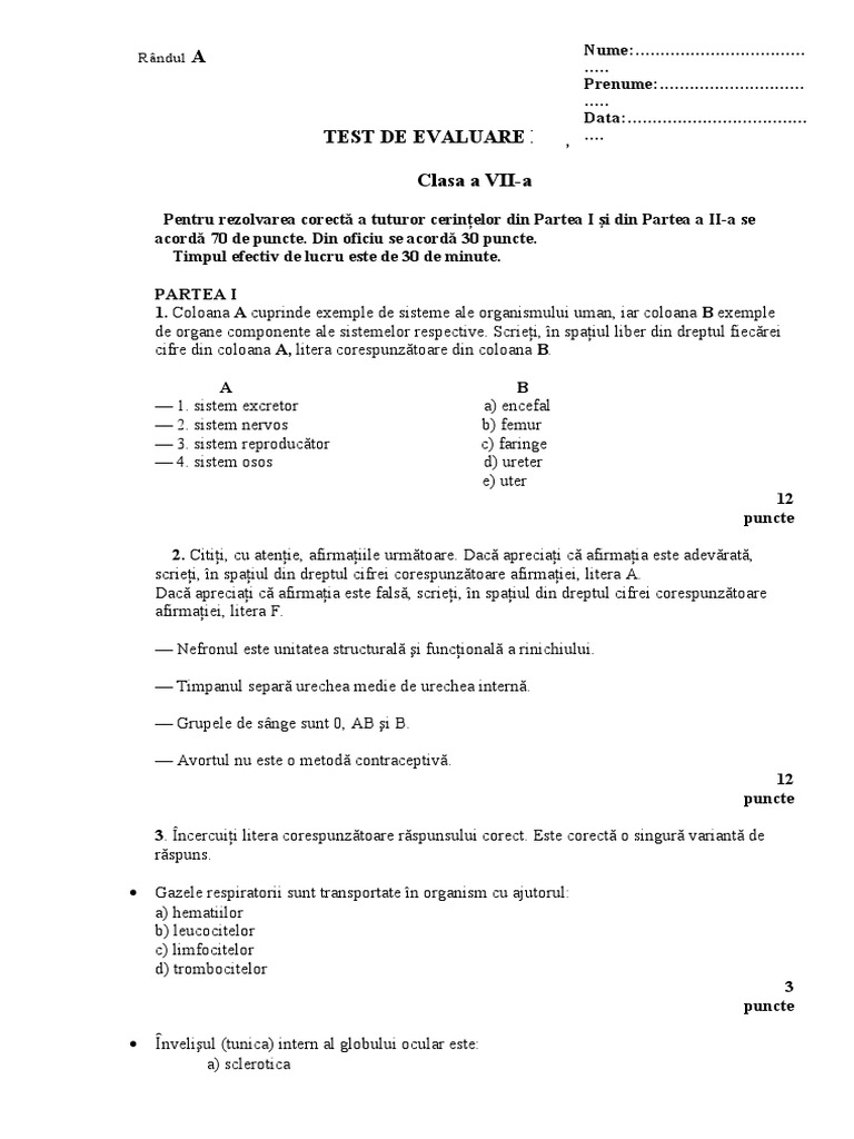 Test Initial Biologie Clasa A 8a