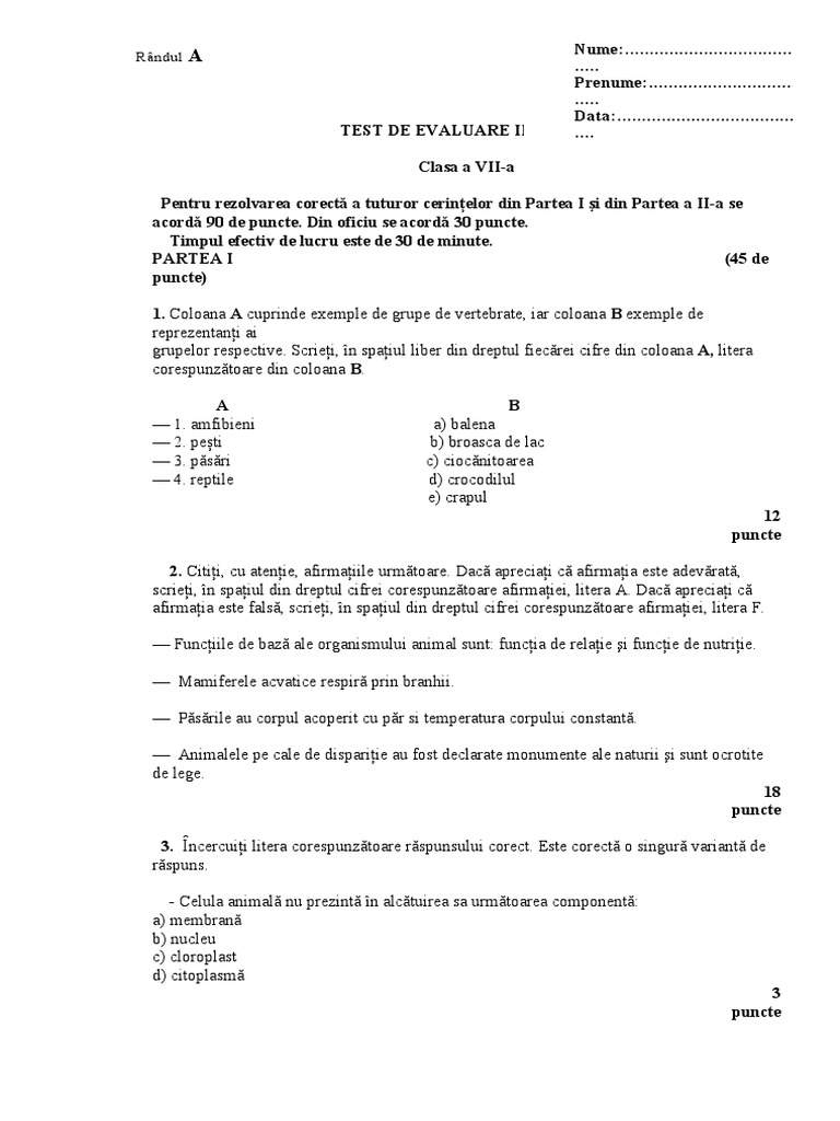 Test Initial Clasa A 7a-Biologie | PDF