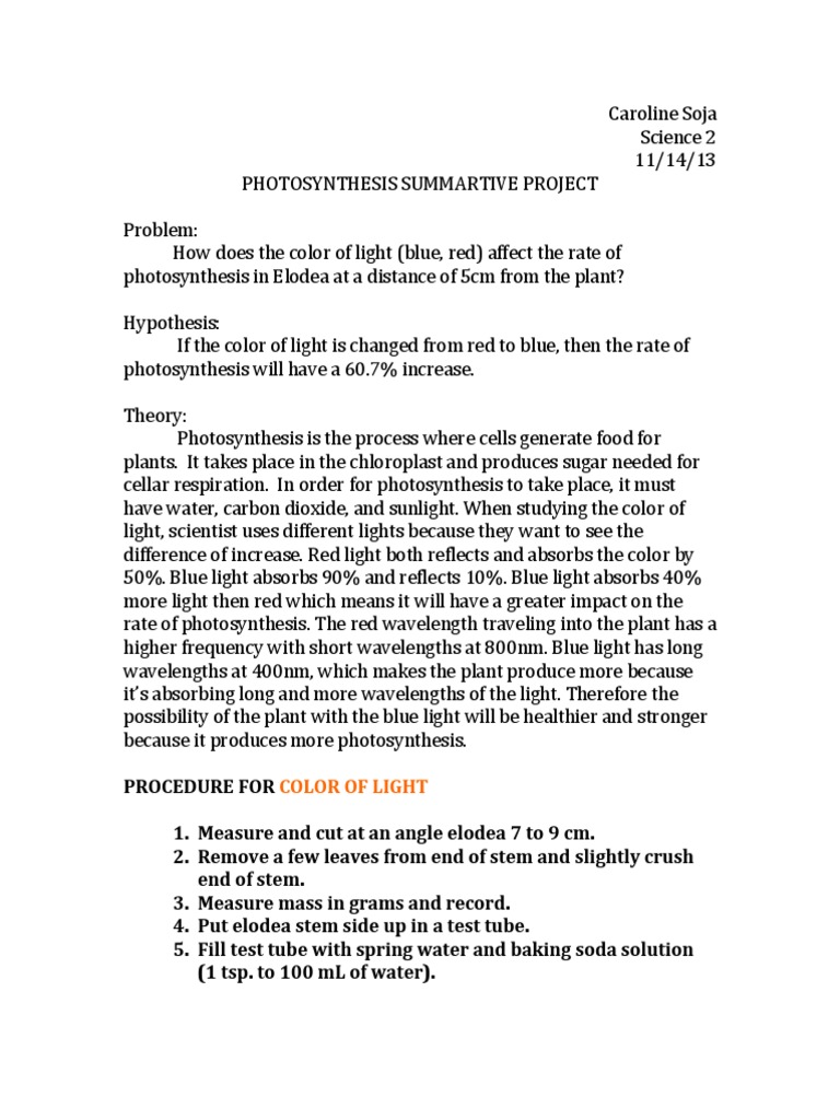Photosynthesis Summative Project Photosynthesis Light