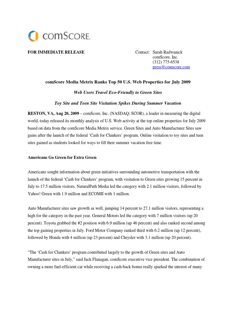 Comscore Media Metrix Ranks Top 50 U.S. Web Properties For July 2009 ...