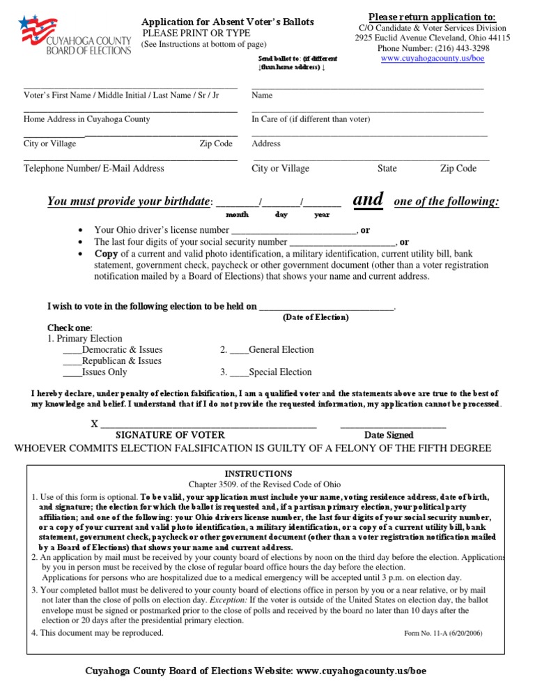 Cuyahoga County Absentee voter ballot request form Voter Registration