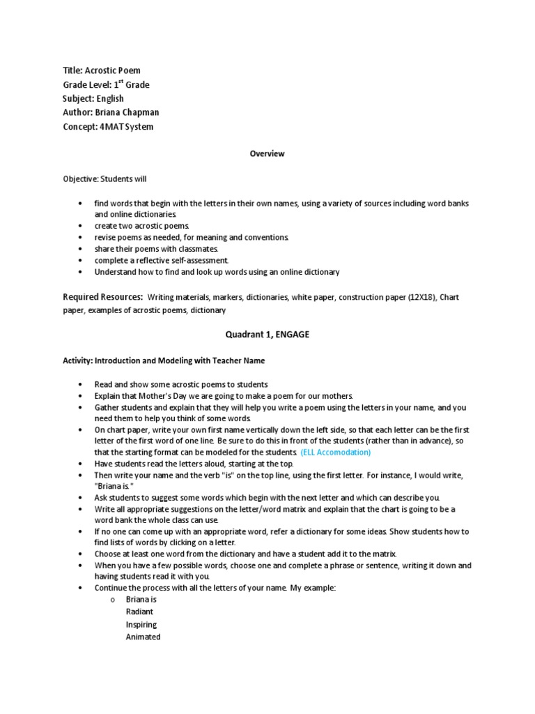 4mat Acrostic Poem English Grammar English Language
