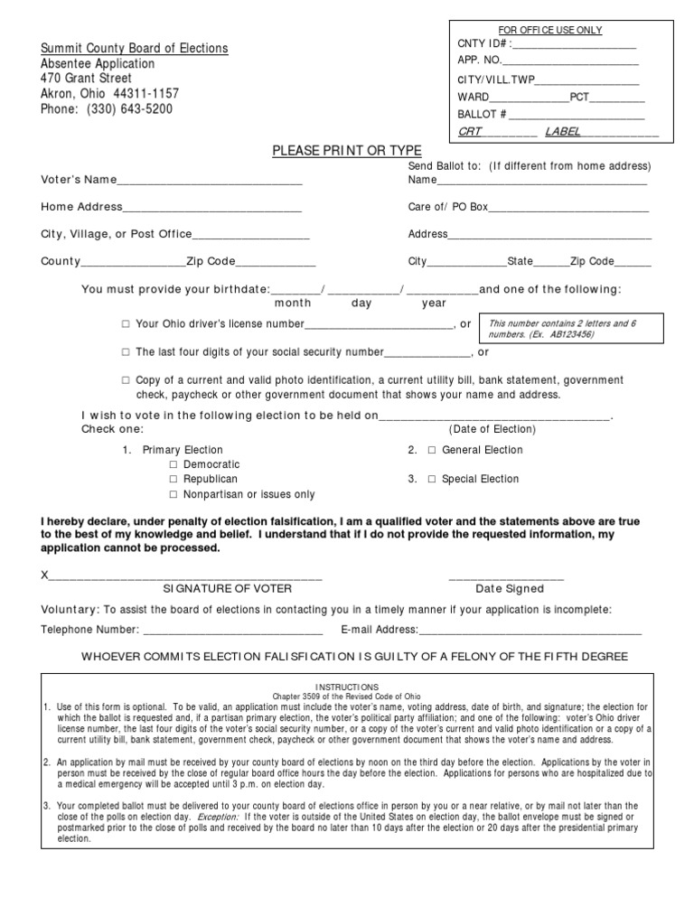 Summit County OH Absentee voter ballot request form | Voting | Identity ...