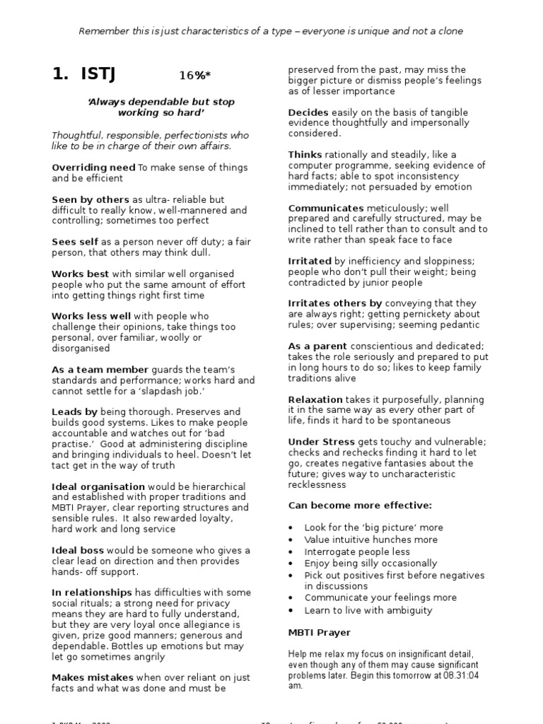 MBTI Type Characteristics Overview | PDF | Feeling | Thought