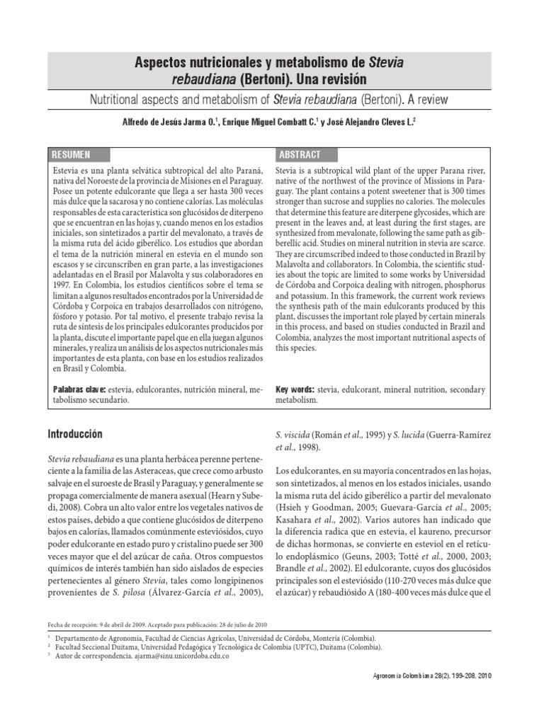 Resultado de imagen para Aspectos nutricionales y metabolismo de Stevia rebaudiana (Bertoni). Una revisión
