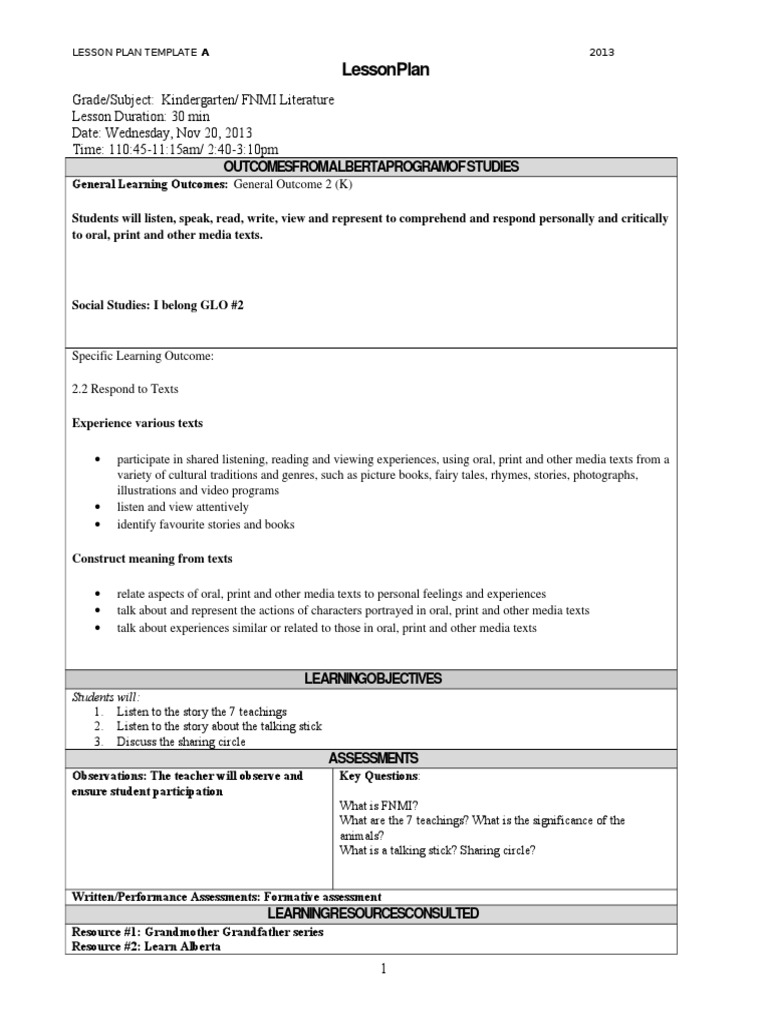 FNMI Literature Lesson Plan for Kindergarten | PDF | Pedagogy | Teaching