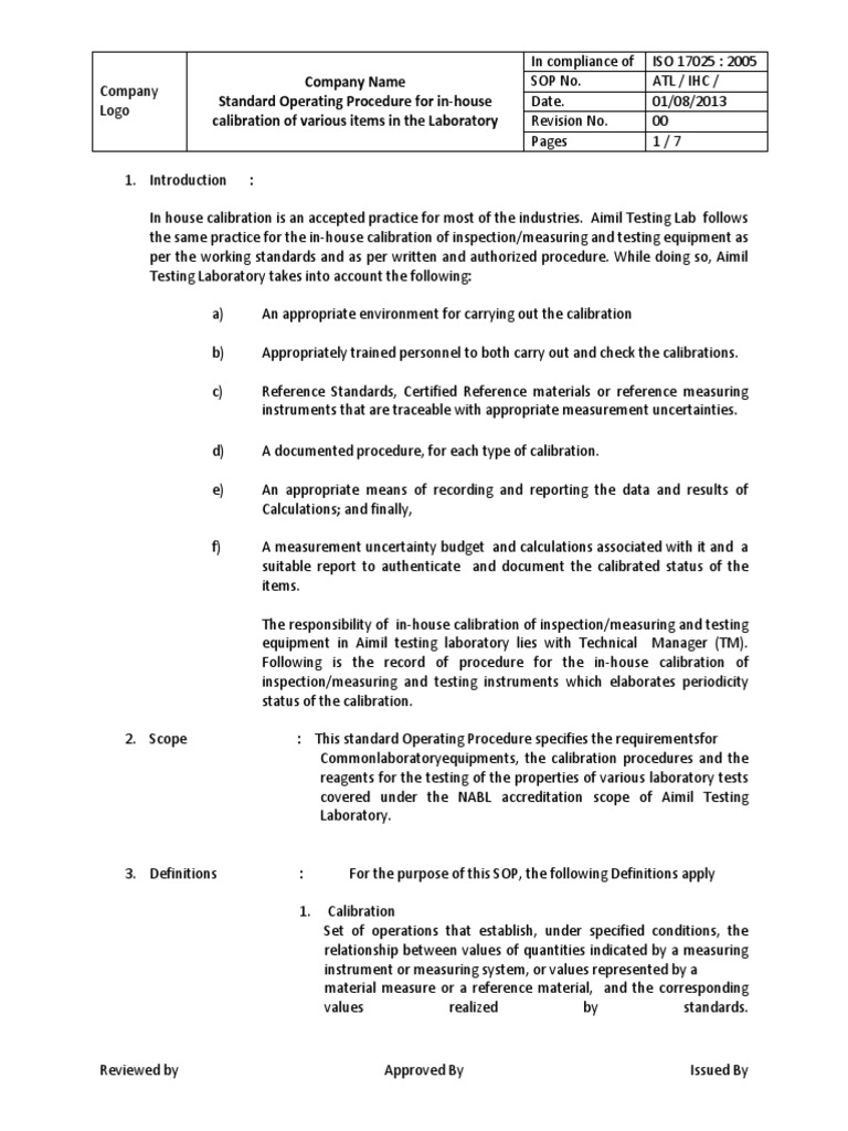 SOP for Inhouse Calibration Calibration Scientific Observation