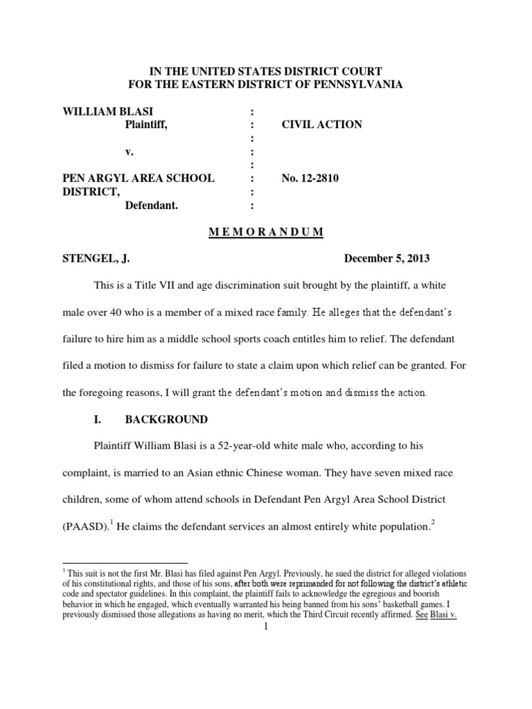 Blasi v. Pen Argyl School District PDF Civil Rights Act Of 1964