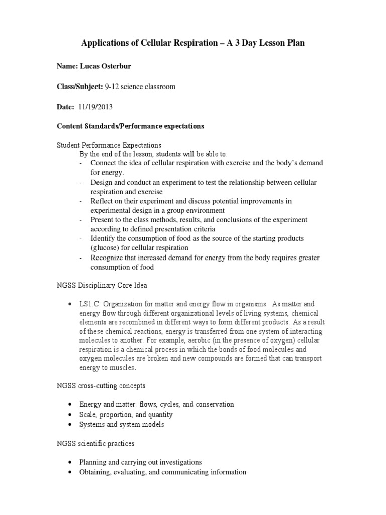 Cellular Respiration Lesson Plan | PDF | Cellular Respiration | Glucose