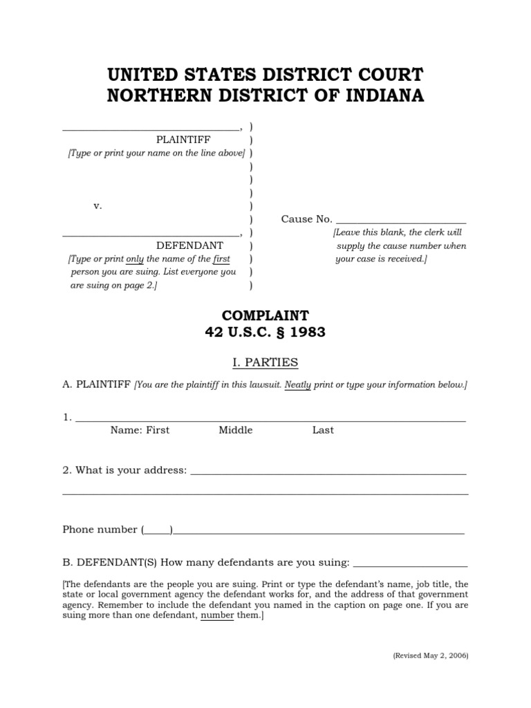 Indiana 1983 Civil Complaint Form | PDF | Lawsuit | Complaint